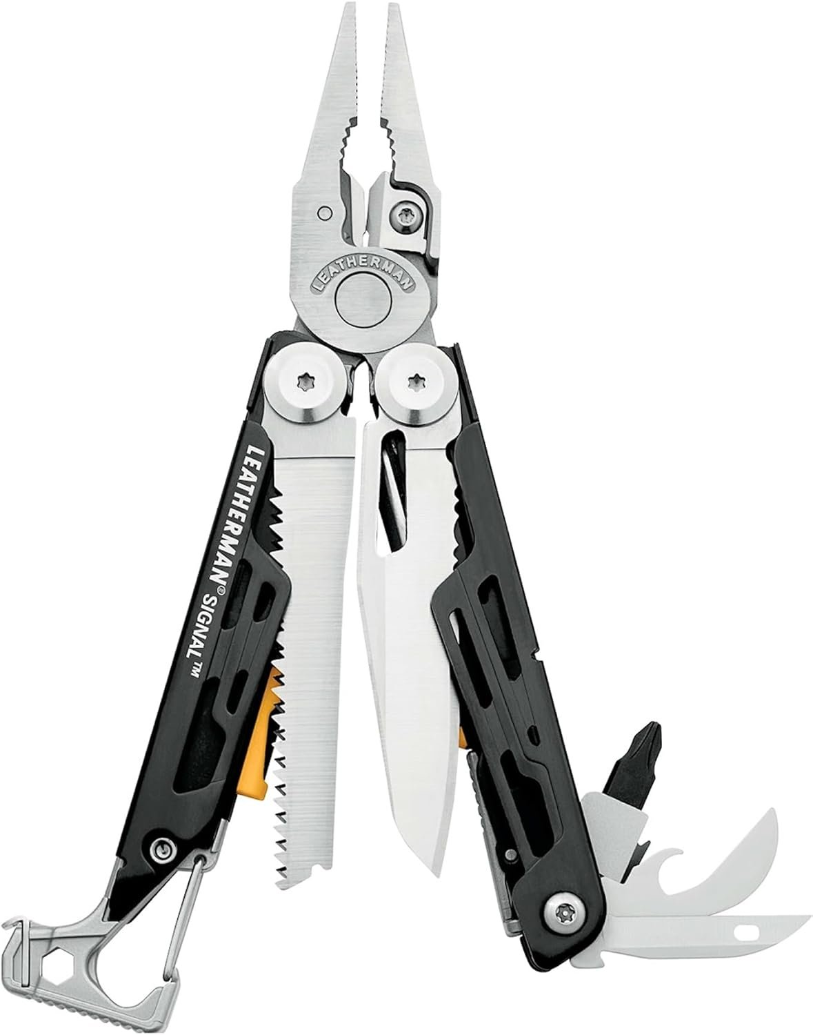 Leatherman Signal multitool open showing pliers, knife, saw and tools