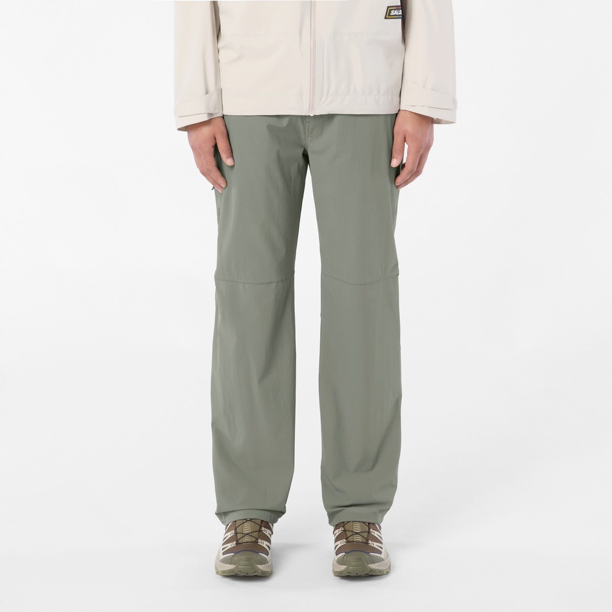 Salomon Wayfarer 2.0 in sage green, worn, front view