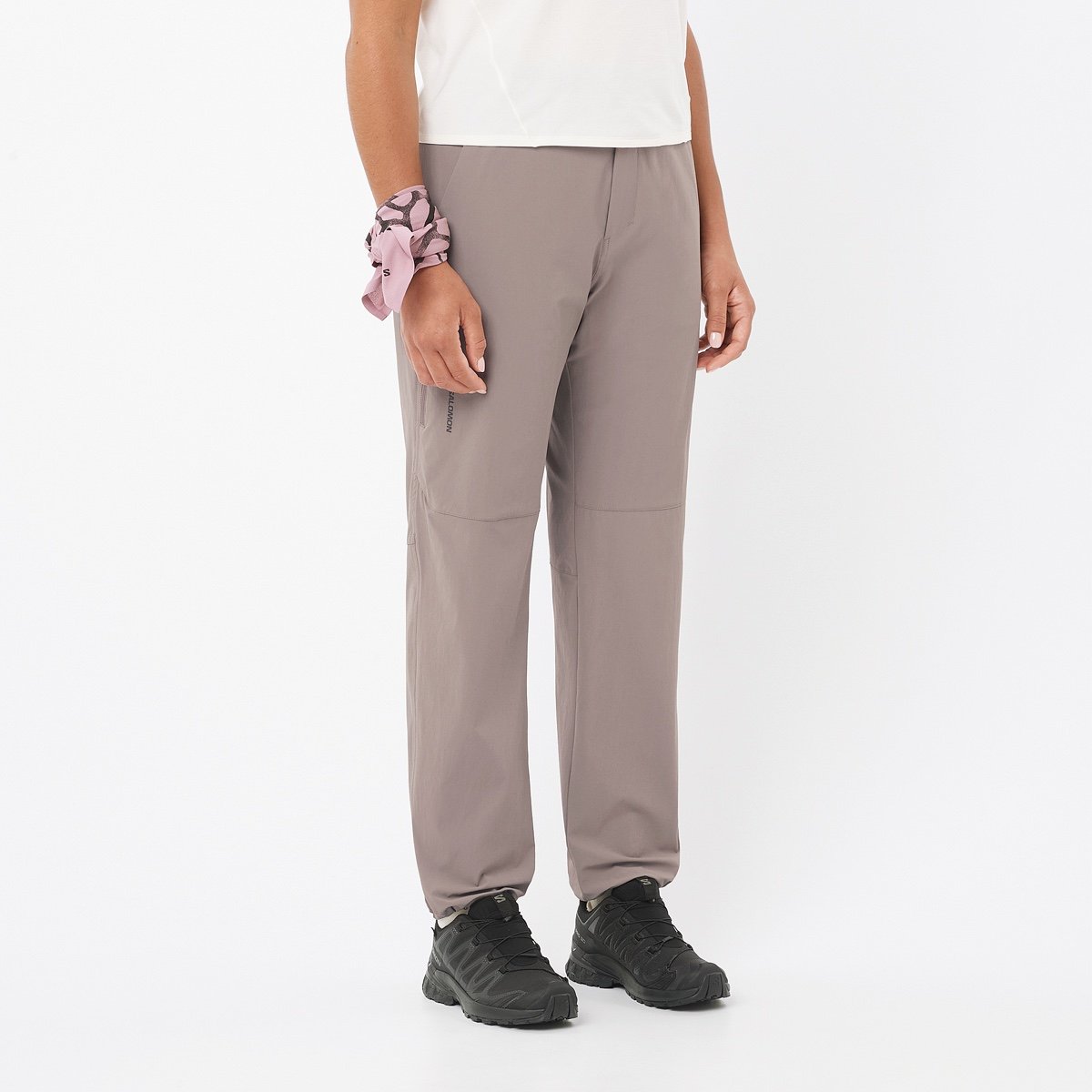 Women's Salomon Wayfarer 2.0 in taupe, worn, front view