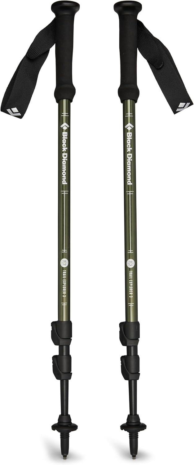 Black Diamond Trail Explorer 3 trekking poles in black with FlickLock levers and foam grips, the tested top pick