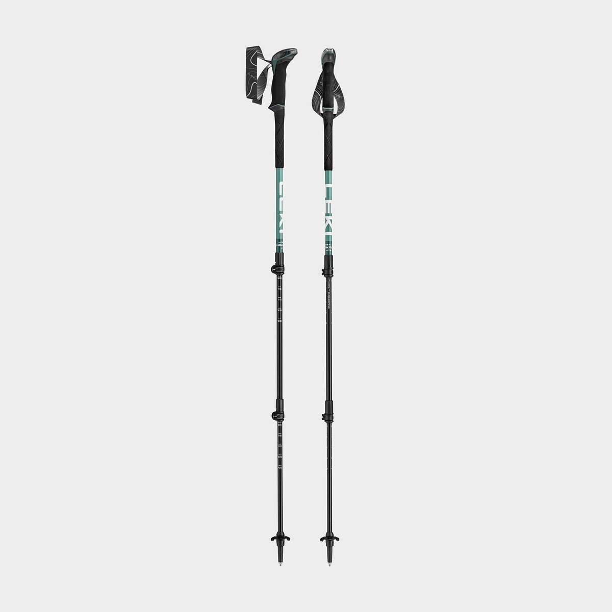 Leki Makalu Lite aluminium walking poles in malachite green with the Aergon Air foam grip