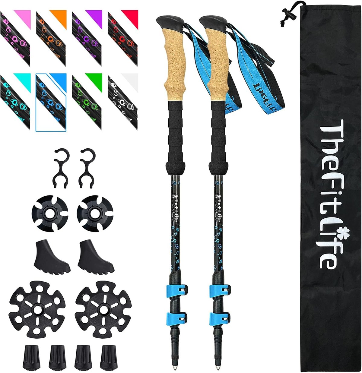 TheFitLife Carbon Fiber Trekking Poles in multiple colour options with cork grips and flip locks