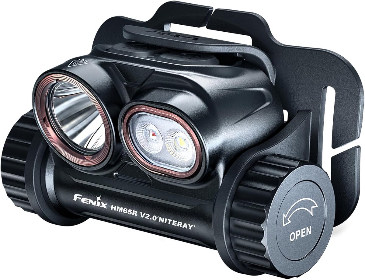 Fenix HM65R V2.0 non-T Niteray head torch showing the spot and flood beam array