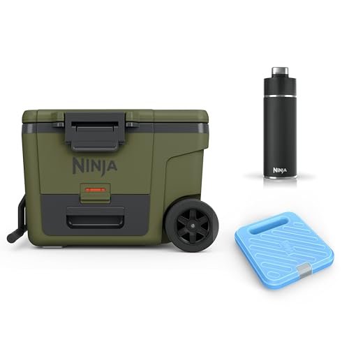 Ninja FrostVault 45QT wheeled cool box in olive with Thirsti bottle and ice pack bundle