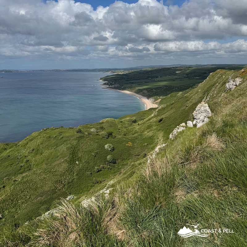 Coast path with white chalk cliffs and silver sea toward Bat's Head, Dorset