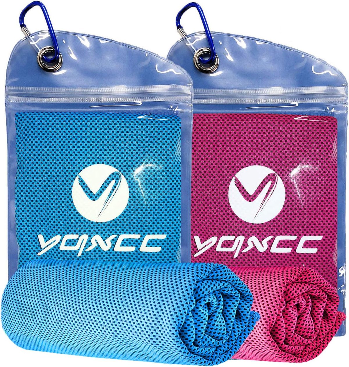 YQXCC microfibre cooling towel draped round the neck on a hot trail, with the carabiner pouch clipped to a daypack