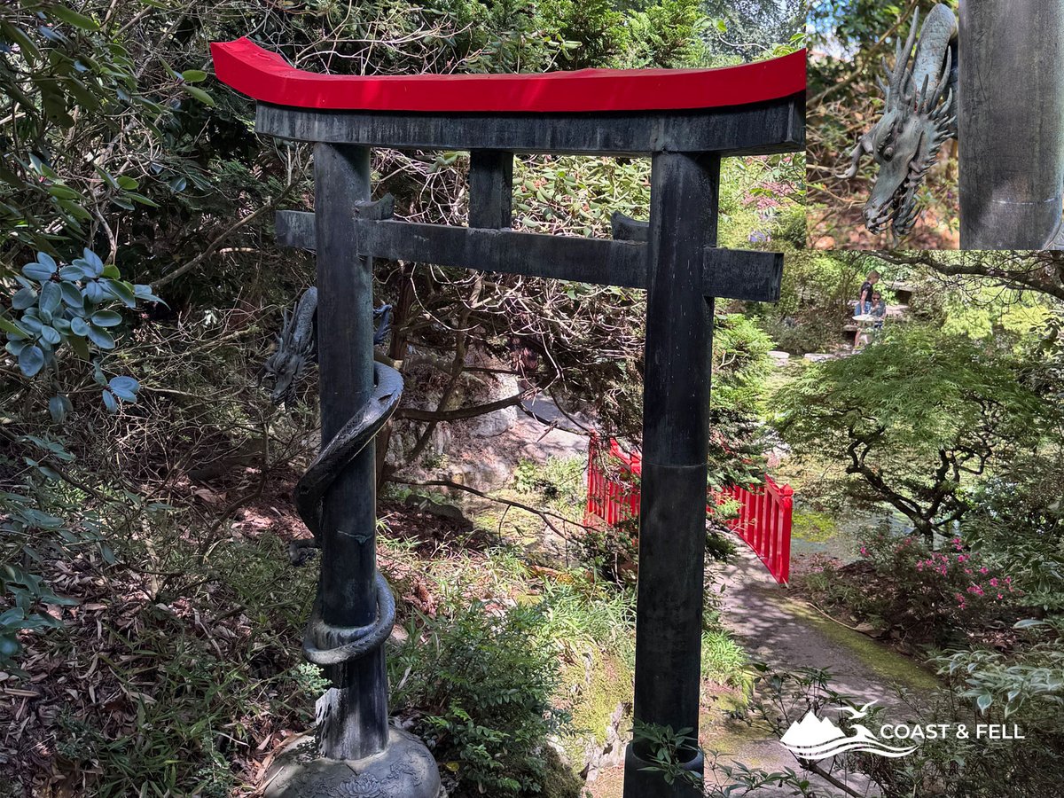 The Japanese Garden at Compton Acres: torii gate, dragon and red bridge