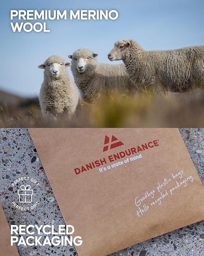 Merino sheep on open hillside and Danish Endurance recycled kraft paper packaging