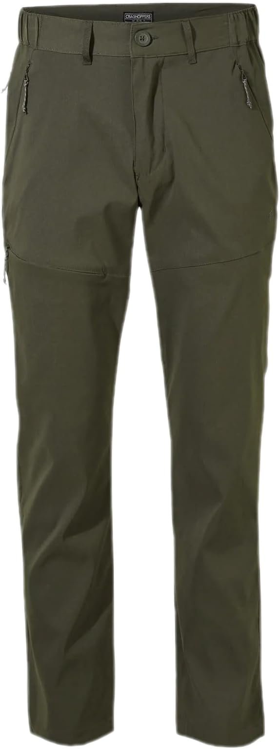 Craghoppers Kiwi Pro II trousers in khaki laid flat showing pocket configuration and cut