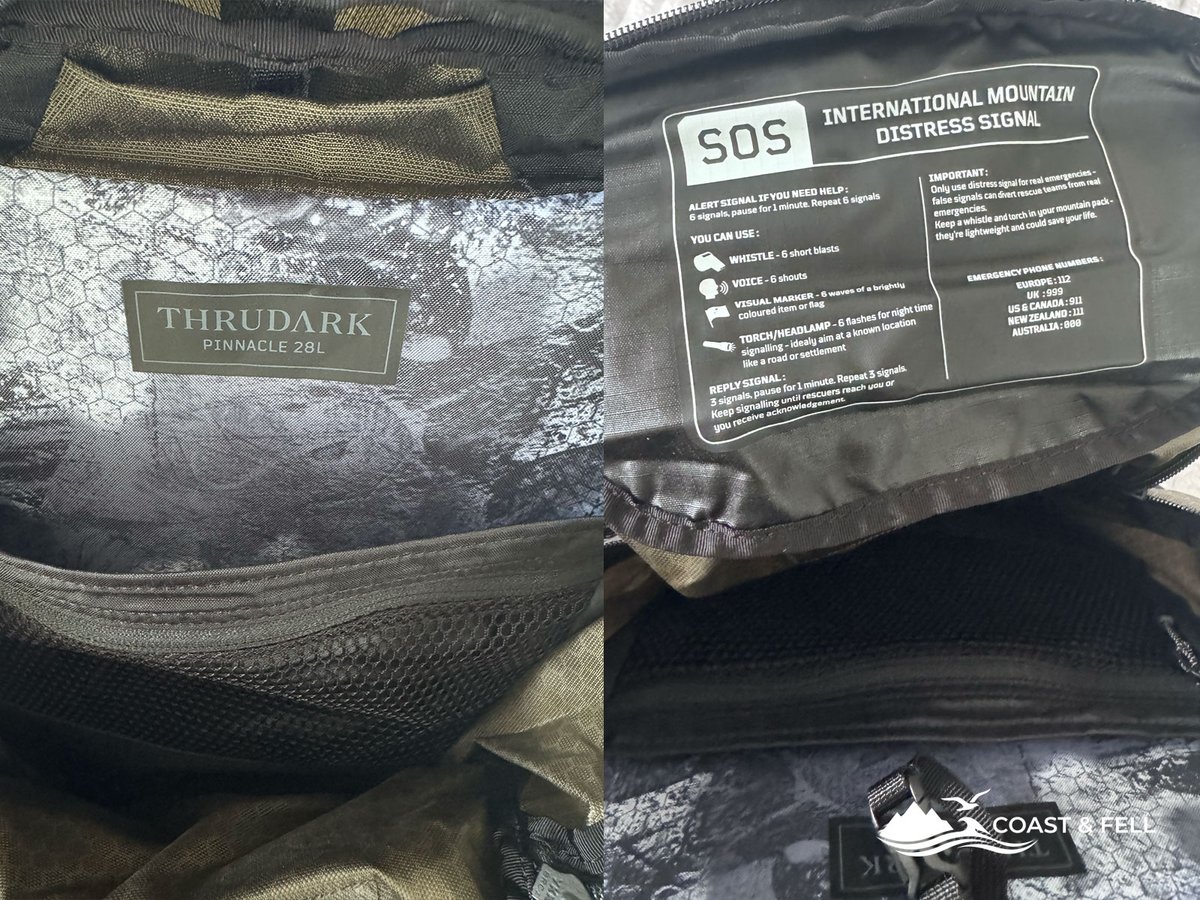 Inside the Pinnacle 28: the printed lining and internal mesh zip pocket, and the SOS international mountain distress signal panel