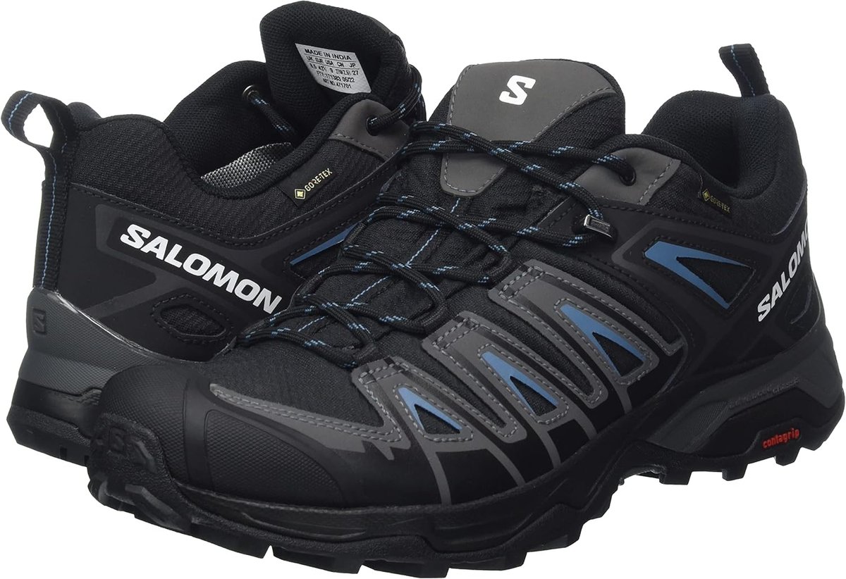 Salomon X Ultra Pioneer GORE-TEX in black, grey and blue, front and pair view