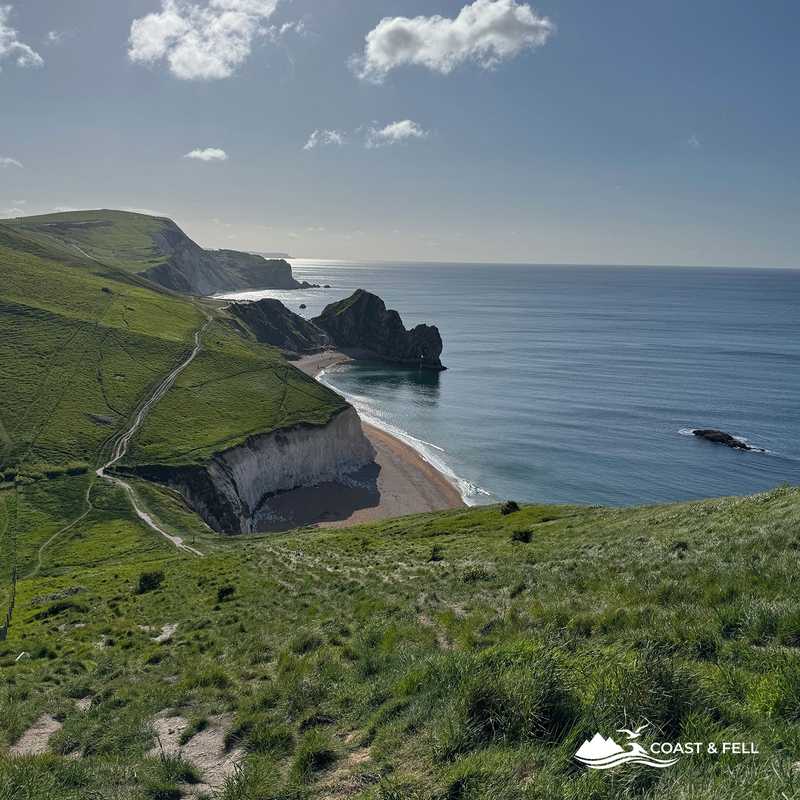 Panoramic view from Swyre Head toward Man o' War Bay and Durdle Door