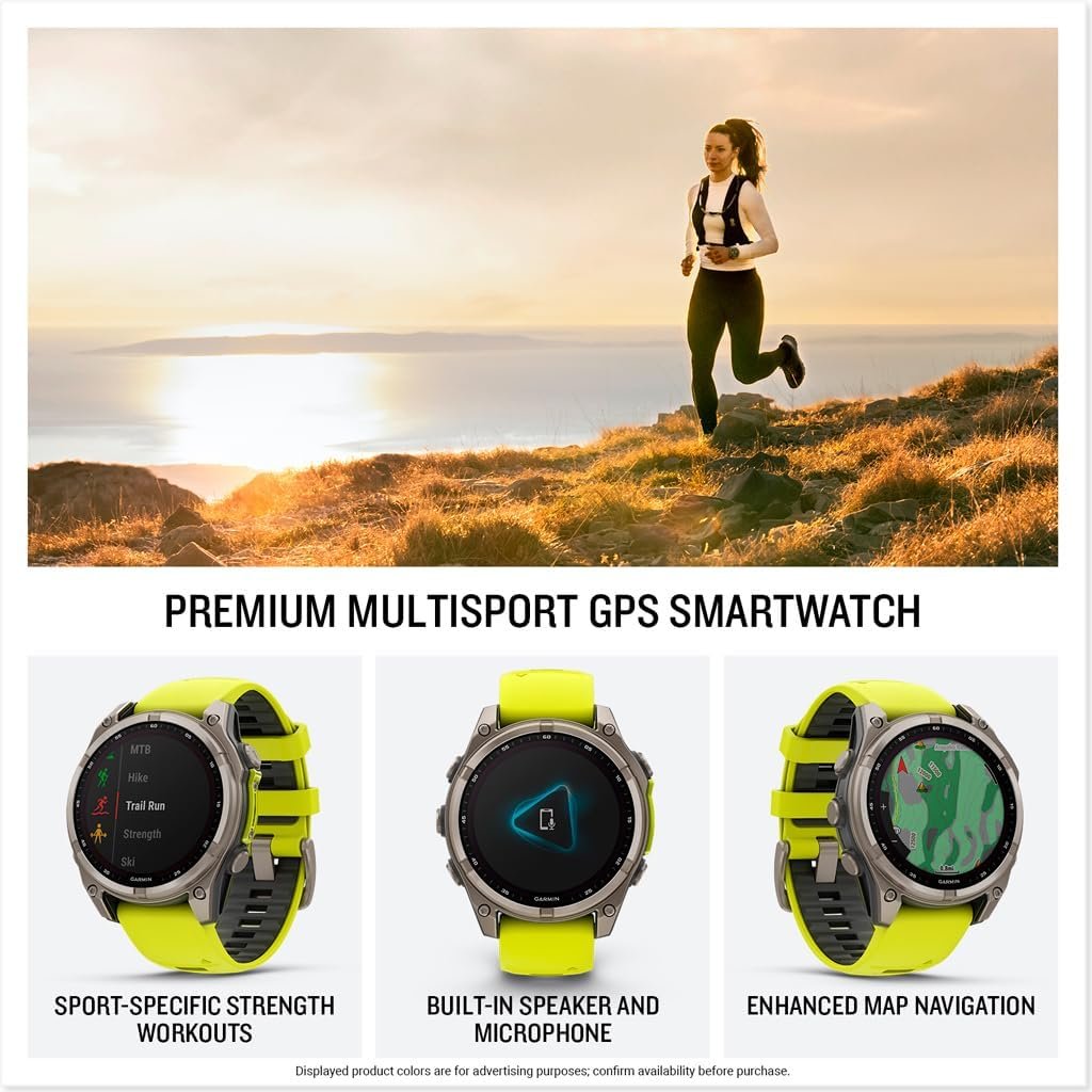 Garmin Fenix 8 Solar 47mm in titanium showing the MIP solar charging lens and sapphire crystal
