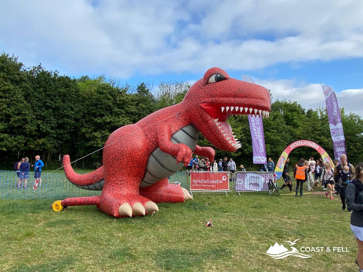 Giant inflatable T-Rex at the Jurassic Coast Ultra Challenge start village Corfe Castle