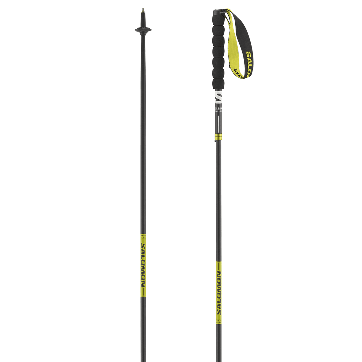 Salomon Ultra Carbon Foldable trail running poles, collapsed into three sections with the soft foam grip