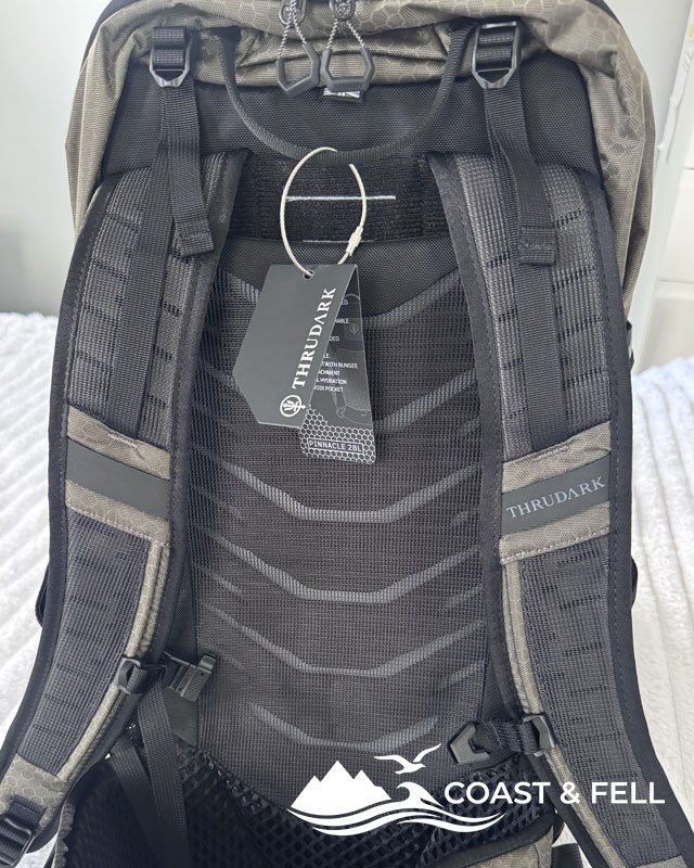 The Pinnacle 28's back panel: moulded padding under ventilation mesh, with the adjustable harness above