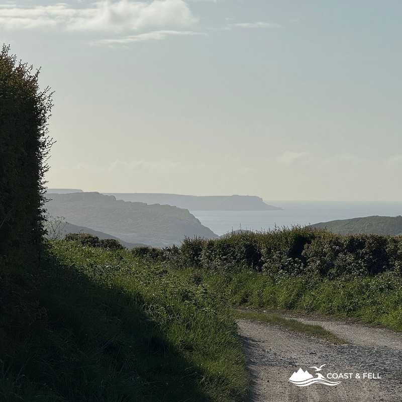 Dorset lane with coastal cliffs in the misty distance