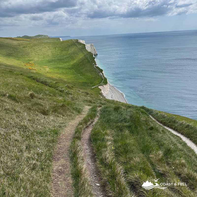 Coast path on the return toward Lulworth with Bat's Head in the distance