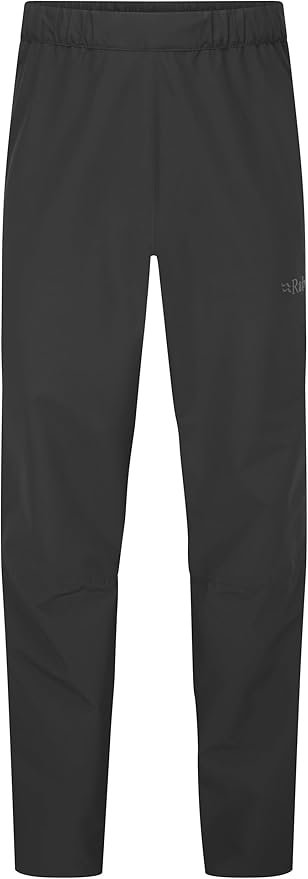 Rab Downpour Eco waterproof pants in black with Pertex Shield construction and knee articulation