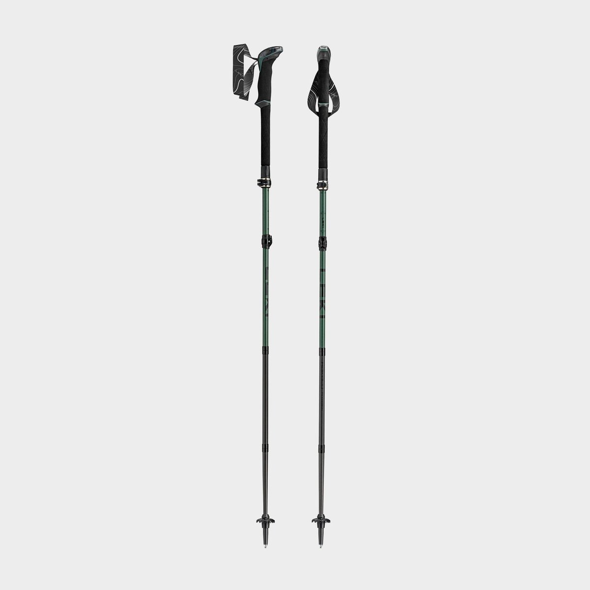 Leki Makalu FX Carbon folding trekking poles in natural carbon and malachite green, the flagship of the Leki walking pole range