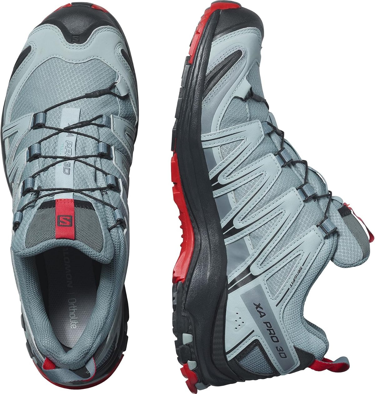 Salomon XA Pro 3D v9 in the grey and red colourway, top-down and side view