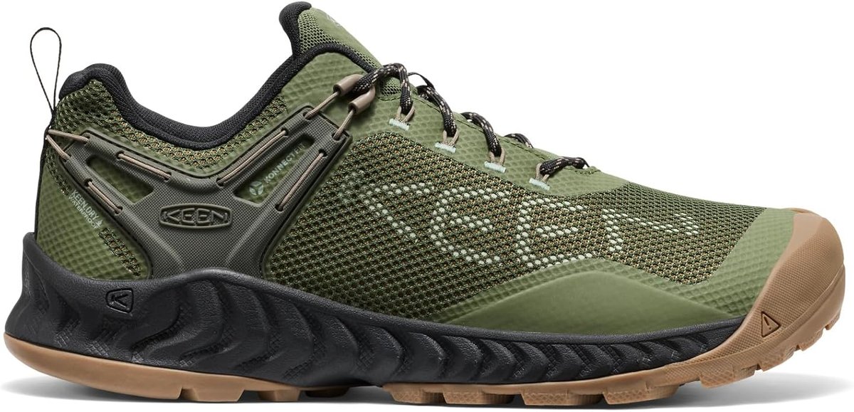 The KEEN NXIS Evo Waterproof in olive green, side profile showing the KEEN.DRY membrane