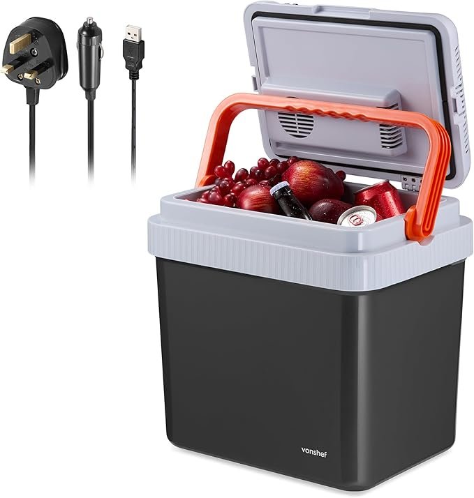 VonShef 24L Electric Cool Box in grey with three power options and cup holders on lid