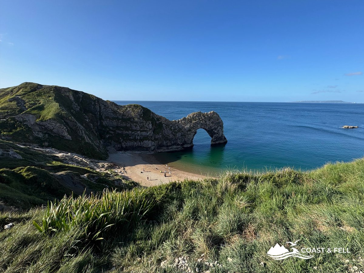 Durdle Door limestone arch from the clifftop, Jurassic Coast, Dorset