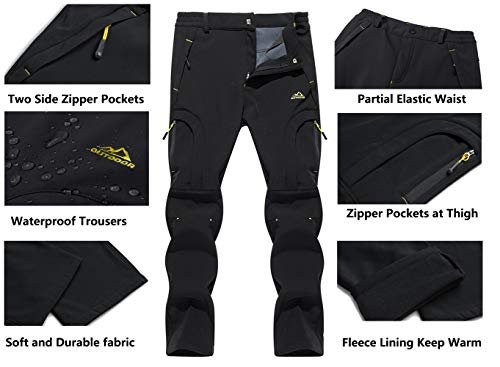 Feature detail of the EKLENTSON fleece-lined trousers in black, showing the zipped side and thigh pockets, partial elastic waist and fleece lining