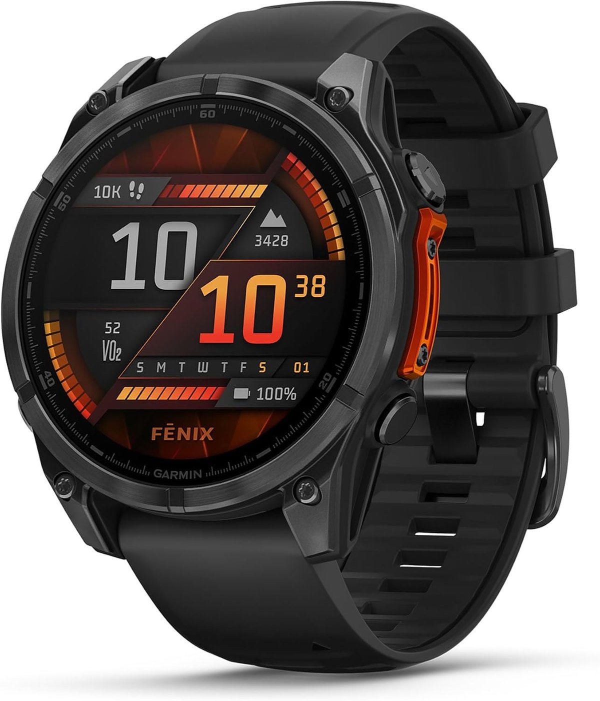 Garmin Fenix 8 AMOLED showing vivid AMOLED display face-on