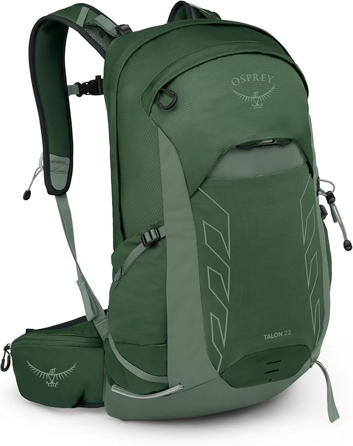 Osprey Talon 22 daypack in green with hip belt pockets