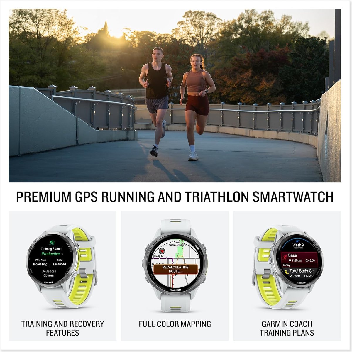 Garmin Forerunner 970 in titanium showing the AMOLED display face-on