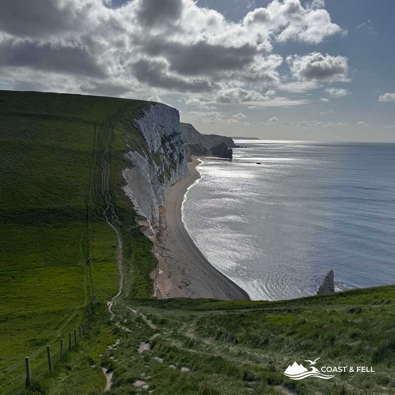 South West Coast Path with chalk cliffs dropping to the sea, Bat's Head, Dorset