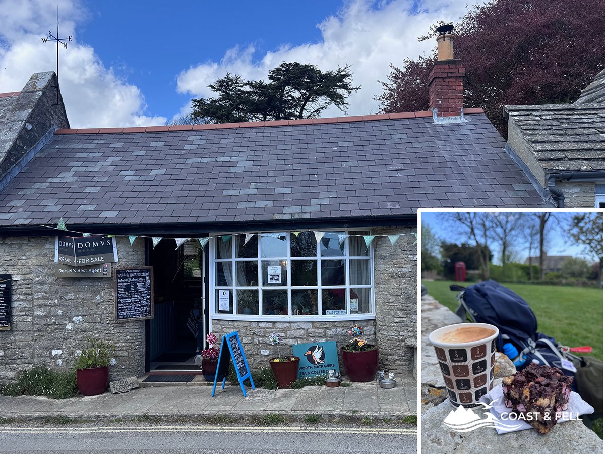 The Worth Matravers Tea and Coffee Shop exterior, with bunting and chalkboard menus, and a coffee and rocky road on the stone wall by the duck pond