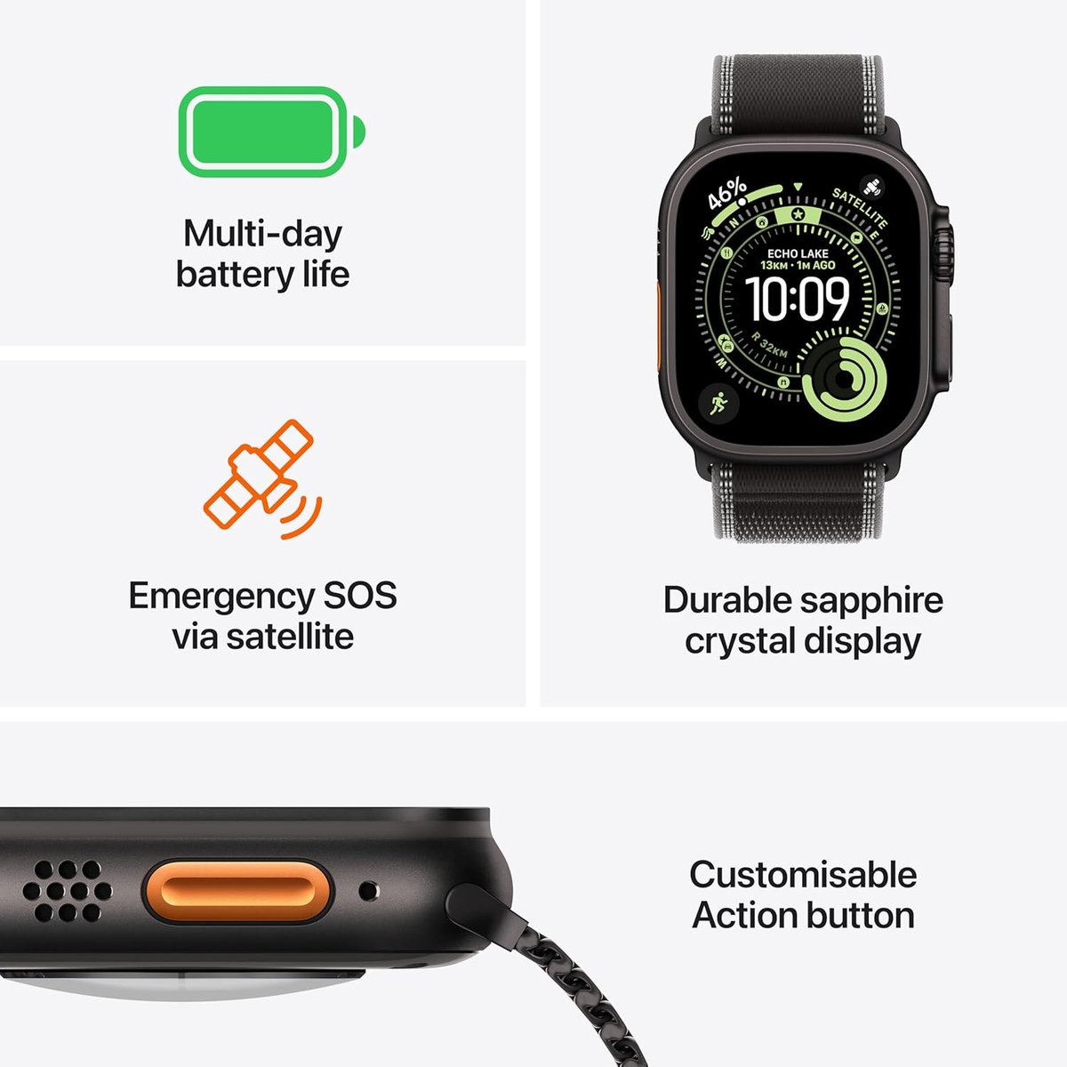Apple Watch Ultra 3 on wrist during a hike showing the action button and titanium case