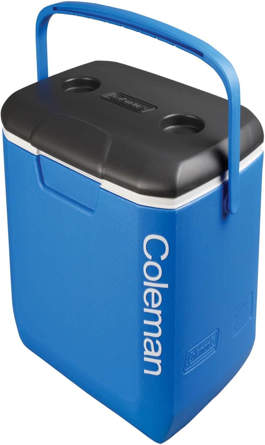 Coleman 30QT cool box in blue with cup-holder lid and carry handle