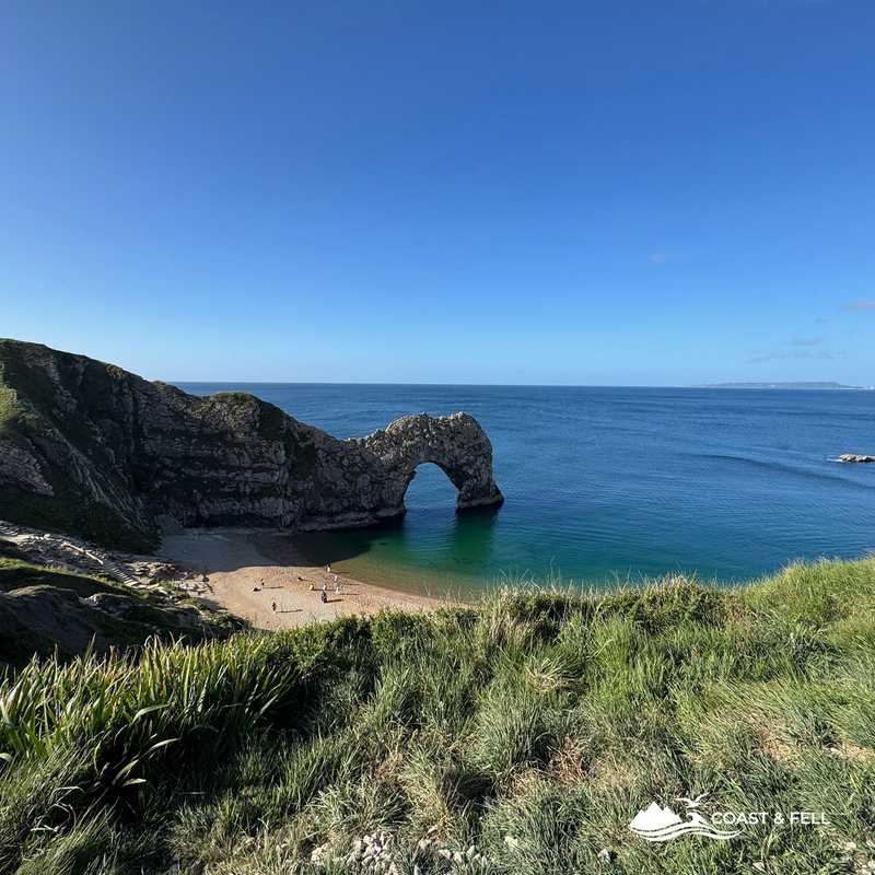 Durdle Door limestone arch from the clifftop, Jurassic Coast, Dorset