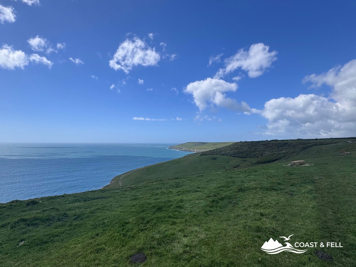 Looking west along the Jurassic Coast from the cliff path — turquoise sea and limestone headlands stretching into the distance