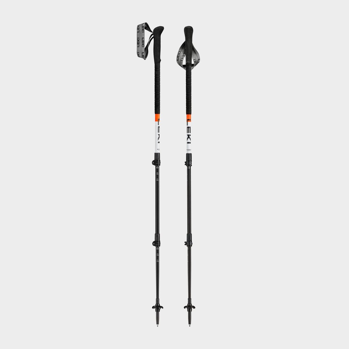 Leki Skysolo premium lightweight aluminium walking poles in white and neon orange with Verticon foam grip