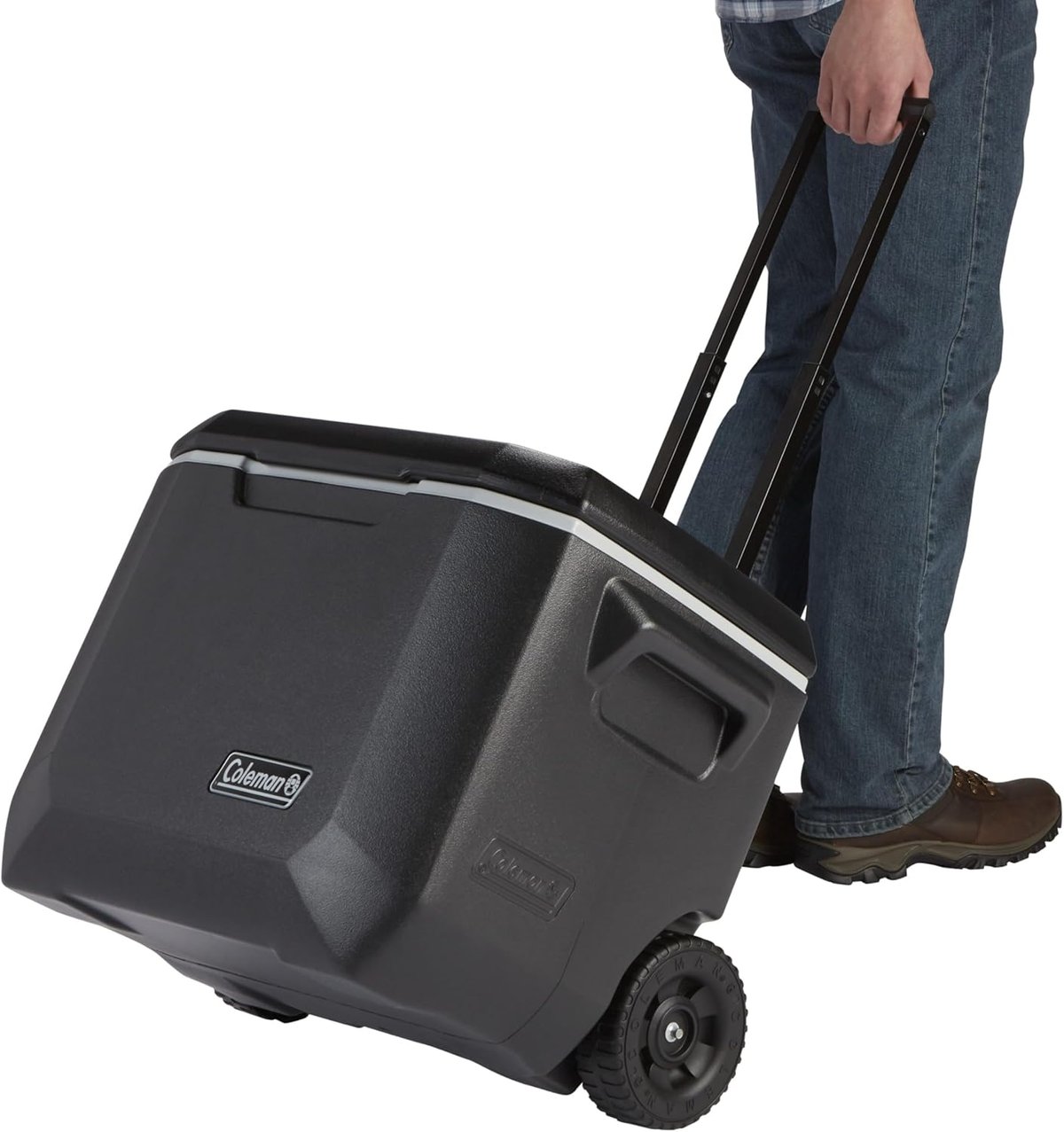 Coleman Xtreme 5 Day Wheeled Cooler 50QT in black with moulded cup holders and telescoping handle
