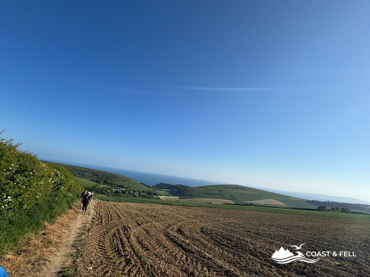 Participants walking path beside ploughed field with hedgerow and sea on horizon