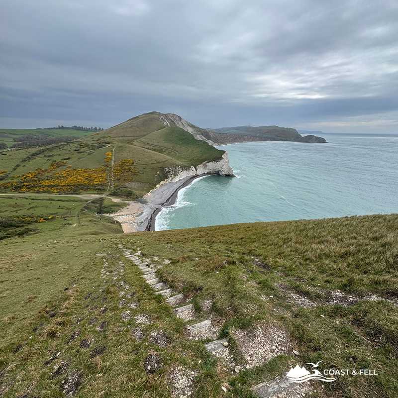 Steps descending toward Man o' War Bay with Hambury Tout behind, Jurassic Coast