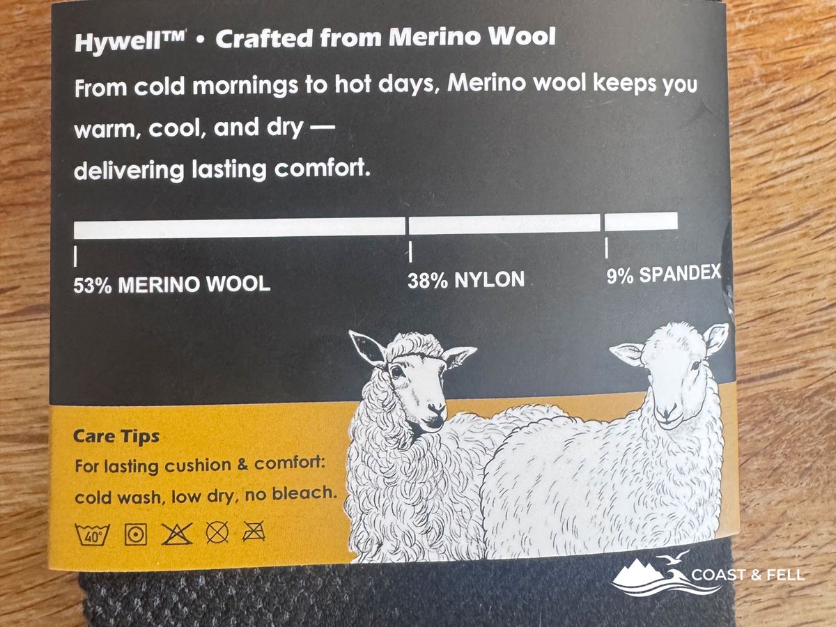 Hywell merino sock label showing the 53% merino, 38% nylon, 9% spandex blend and the mesh knit