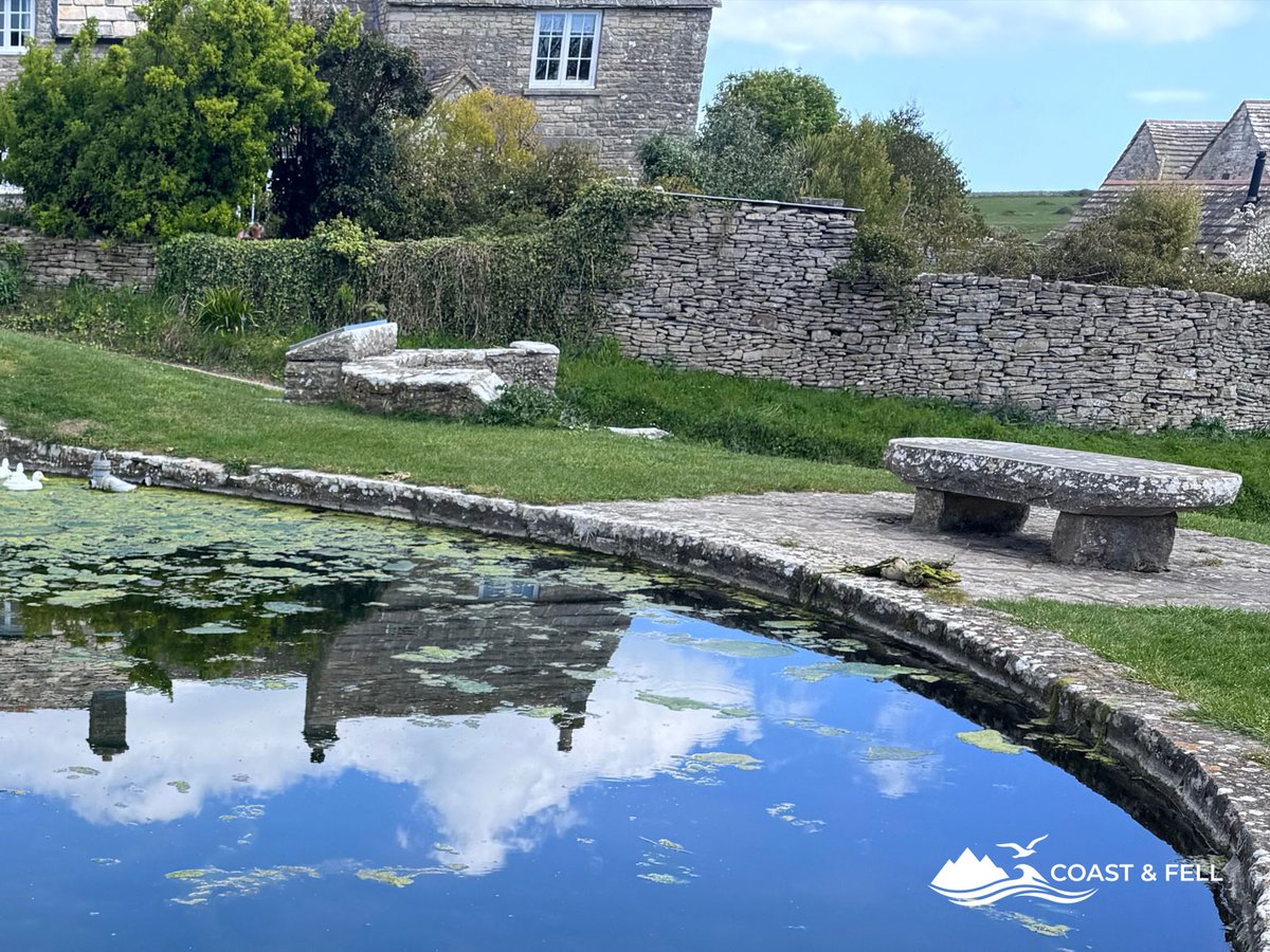 The village duck pond at Worth Matravers — stone cottage, dry stone walls, and ducks on a quiet spring morning