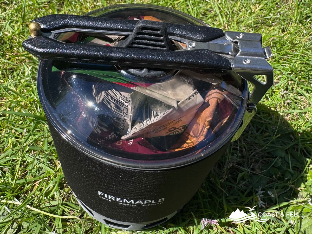 Fire Maple FMS-X3 open showing Costa coffee sachets and long life milk packed inside the pot