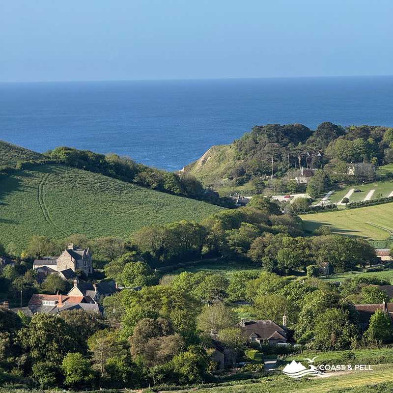 West Lulworth village from above, rolling fields and sea beyond, Dorset
